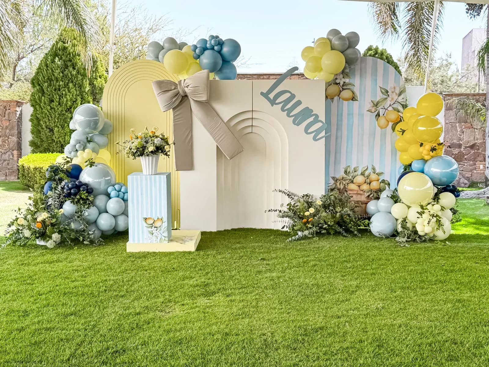 Back de revelación de género con globos sobre el pasto
